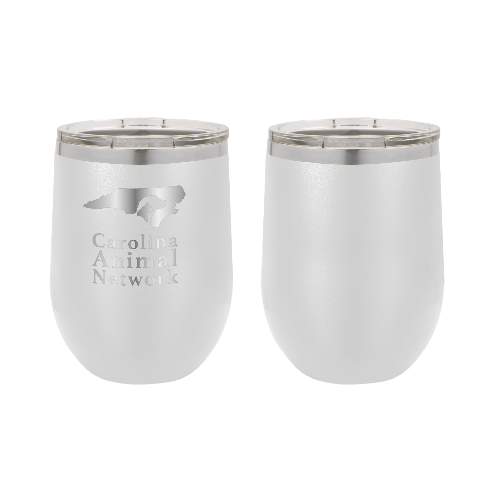 White / stainless 12 oz wine tumbler laser engraved  tumbler featuring the Carolina Animal Network logo