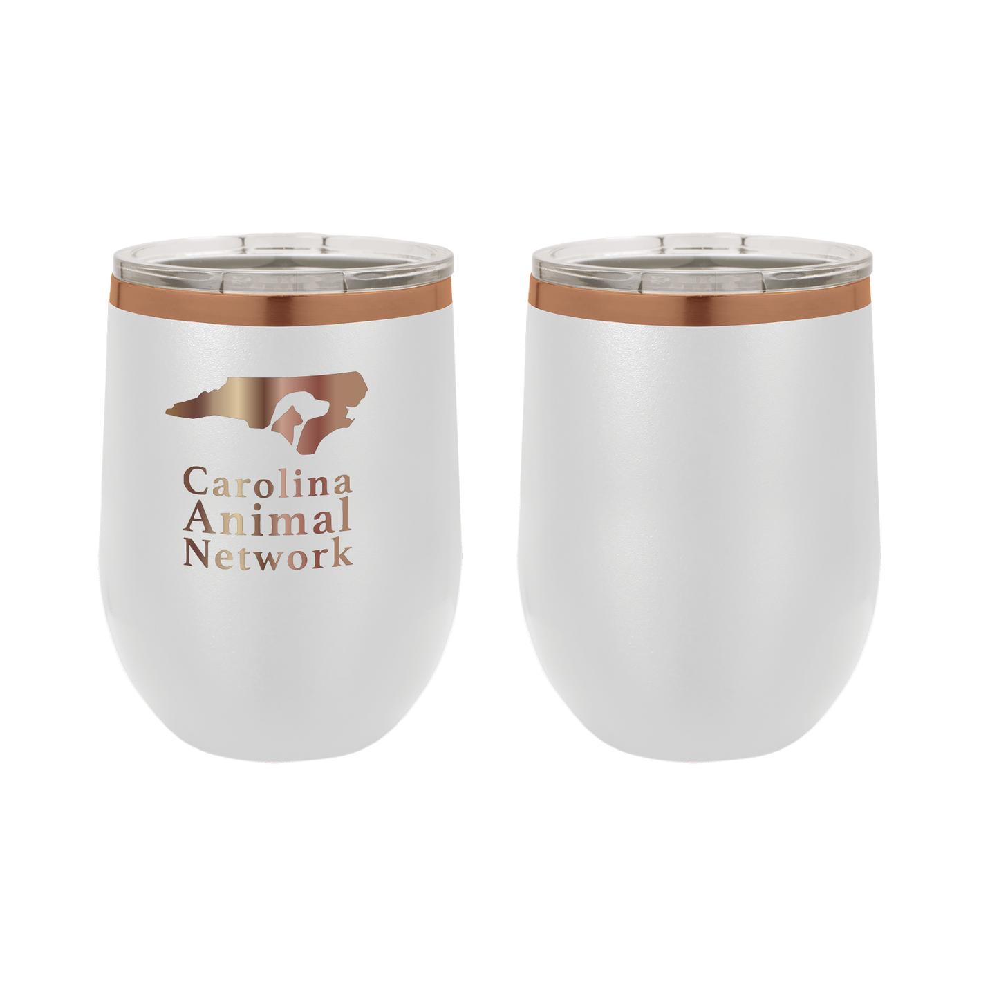 White / copper 12 oz wine tumbler laser engraved tumbler featuring the Carolina Animal Network logo