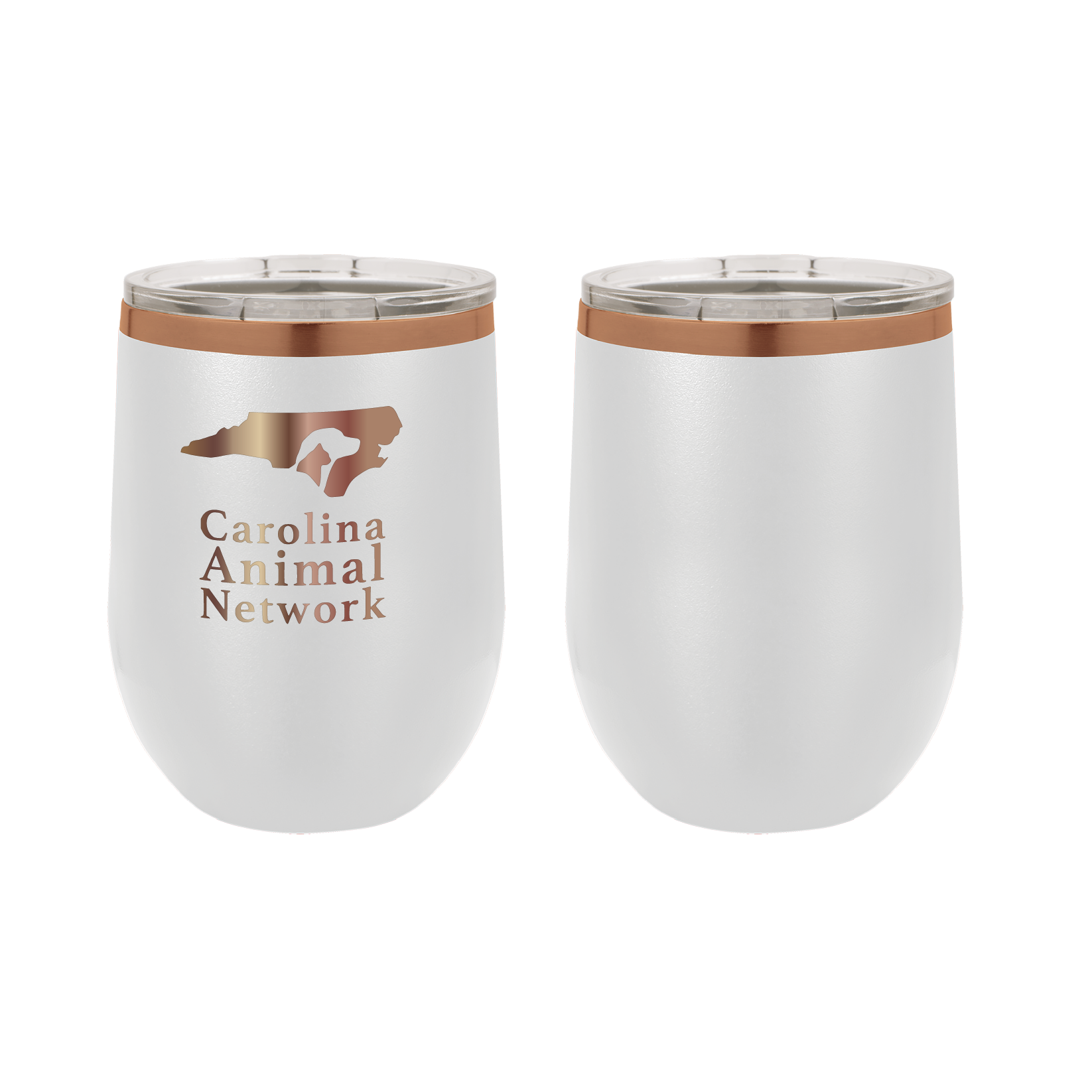 White / copper 12 oz wine tumbler laser engraved  tumbler featuring the Carolina Animal Network logo