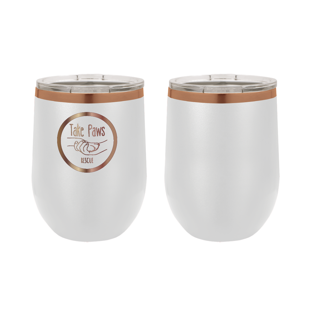 White / Copper 12 oz wine tumbler laser engraved tumbler featuring the Take Paws Rescue logo