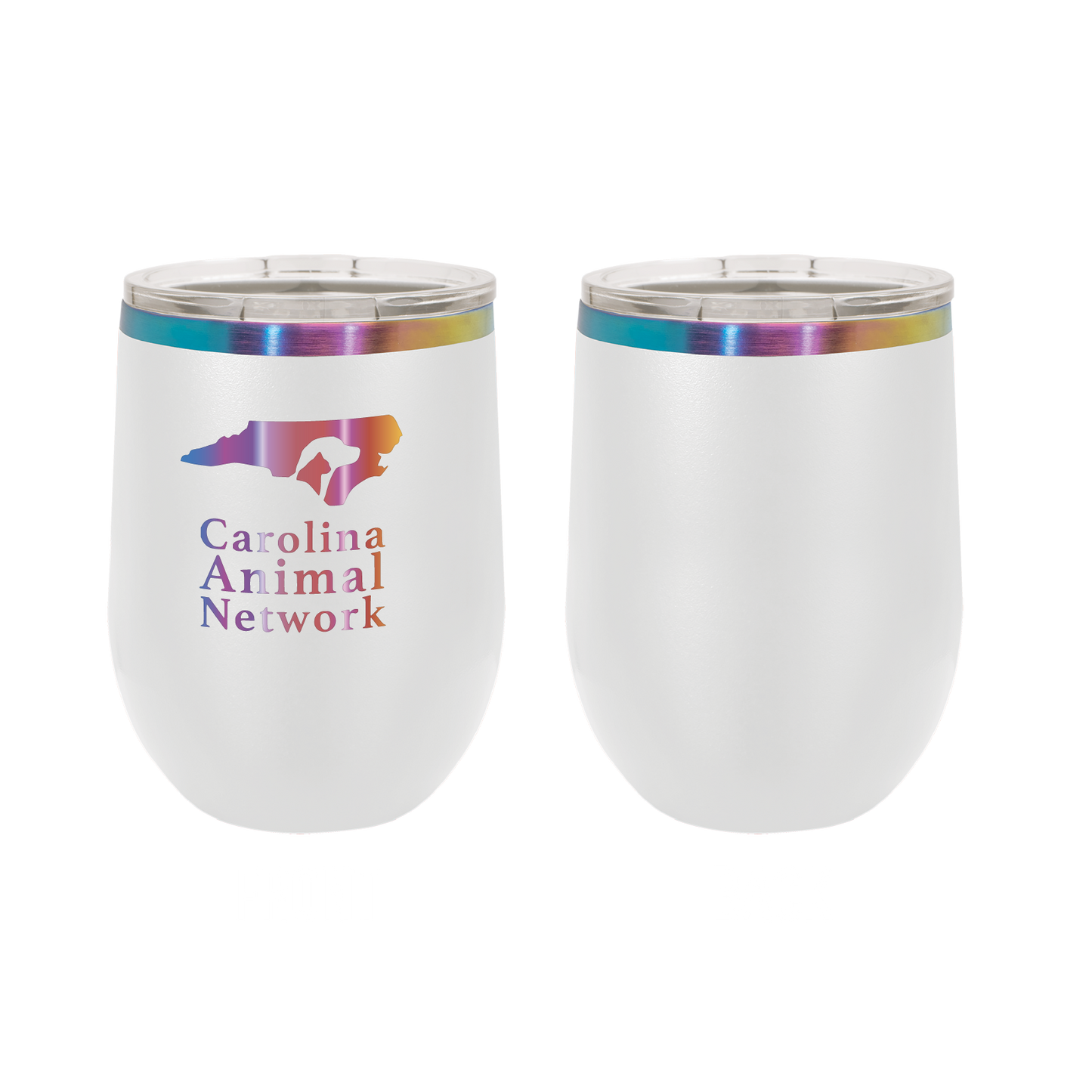 White / prism 12 oz wine tumbler laser engraved tumbler featuring the Carolina Animal Network logo
