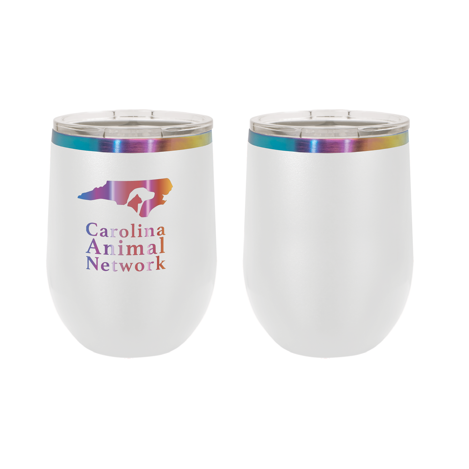 White / prism 12 oz wine tumbler laser engraved  tumbler featuring the Carolina Animal Network logo