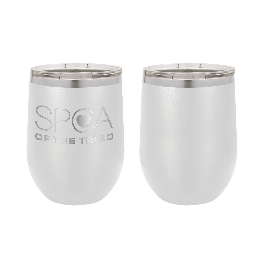 White 12 oz Laser engraved wine tumbler featuring the SPCA of the Triad logo.