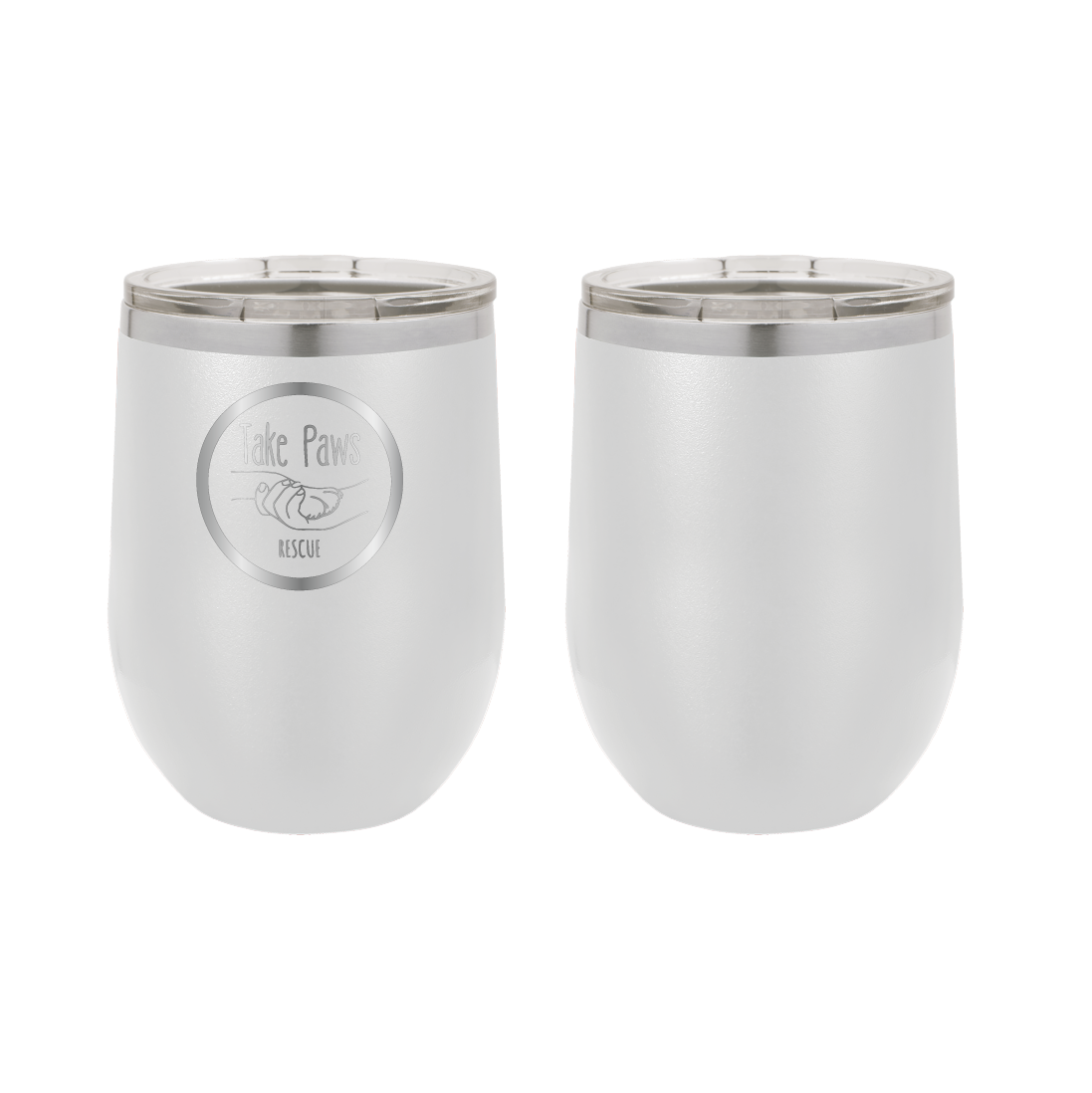 White 12 oz wine tumbler laser engraved tumbler featuring the Take Paws Rescue logo