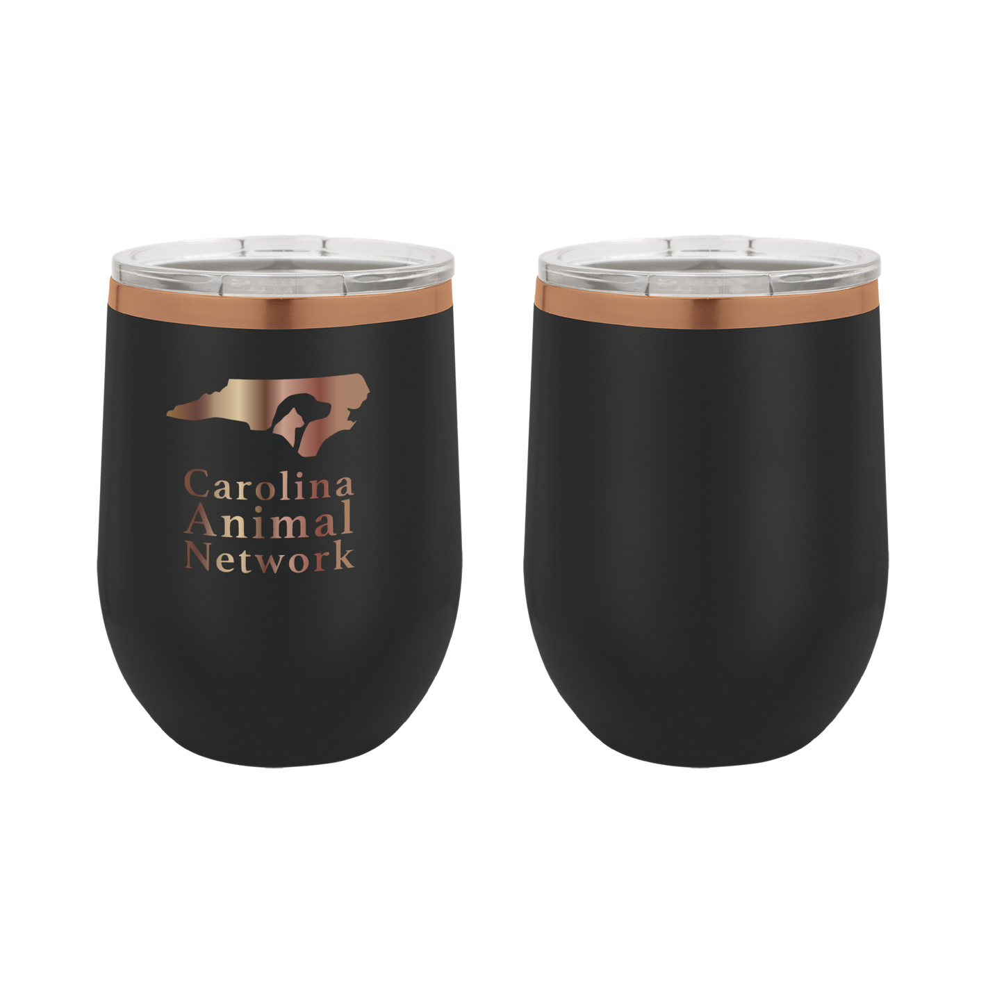 Black / copper 12 oz wine tumbler laser engraved tumbler featuring the Carolina Animal Network logo