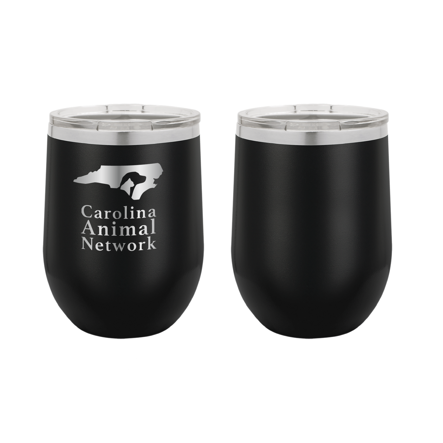 Black / stainless 12 oz wine tumbler laser engraved tumbler featuring the Carolina Animal Network logo