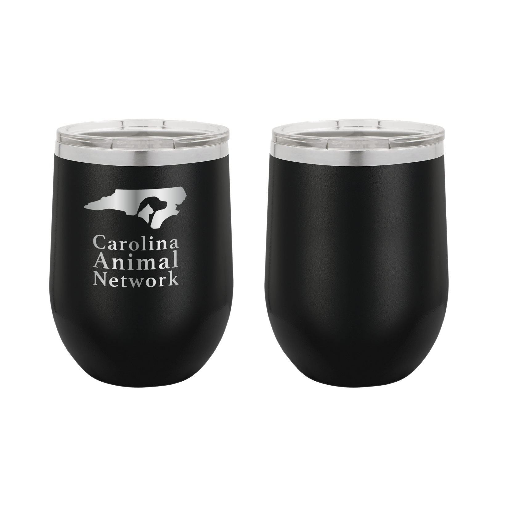 Black / stainless 12 oz wine tumbler laser engraved  tumbler featuring the Carolina Animal Network logo