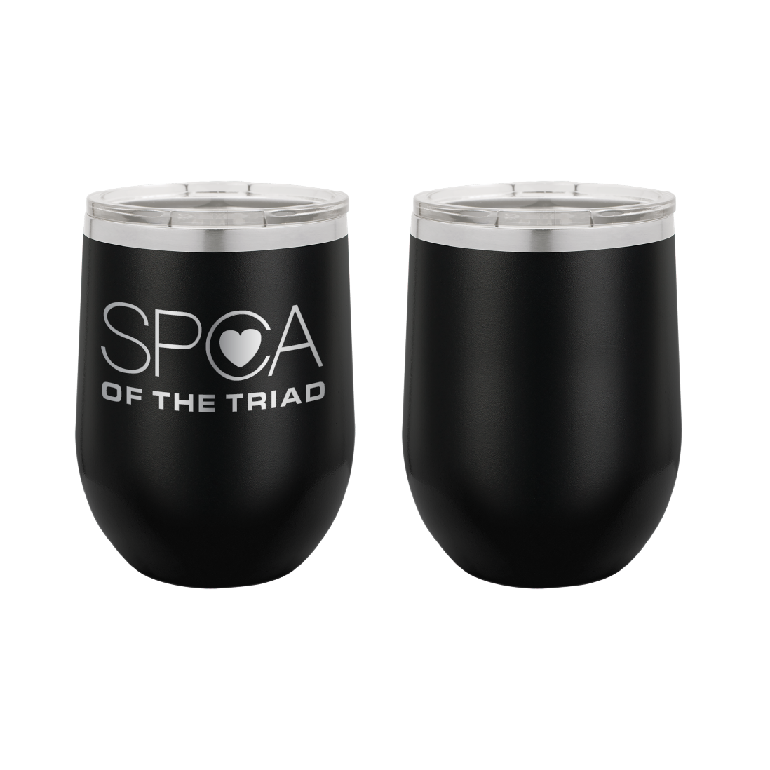Black 12 oz Laser engraved wine tumbler featuring the SPCA of the Triad logo.
