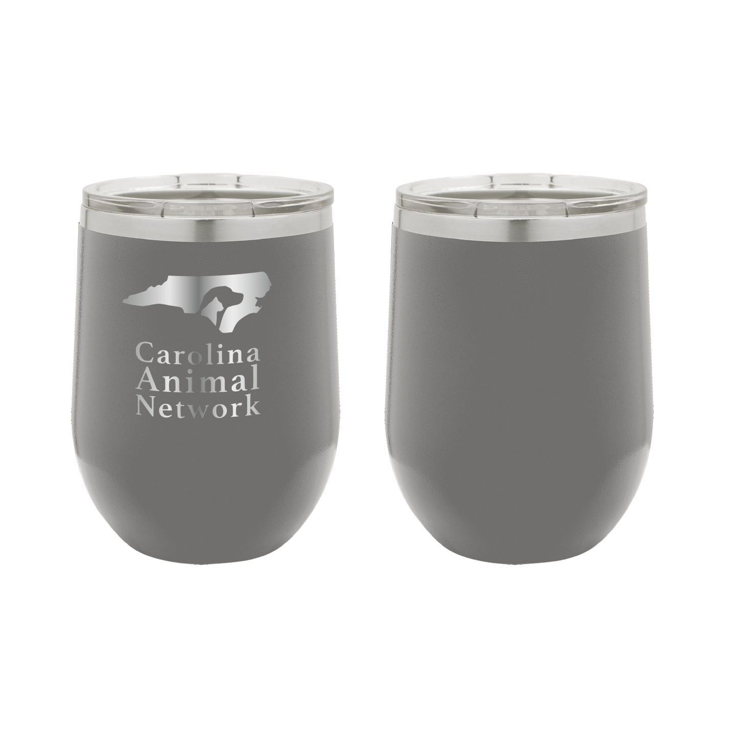 Dark gray 12 oz wine tumbler laser engraved tumbler featuring the Carolina Animal Network logo