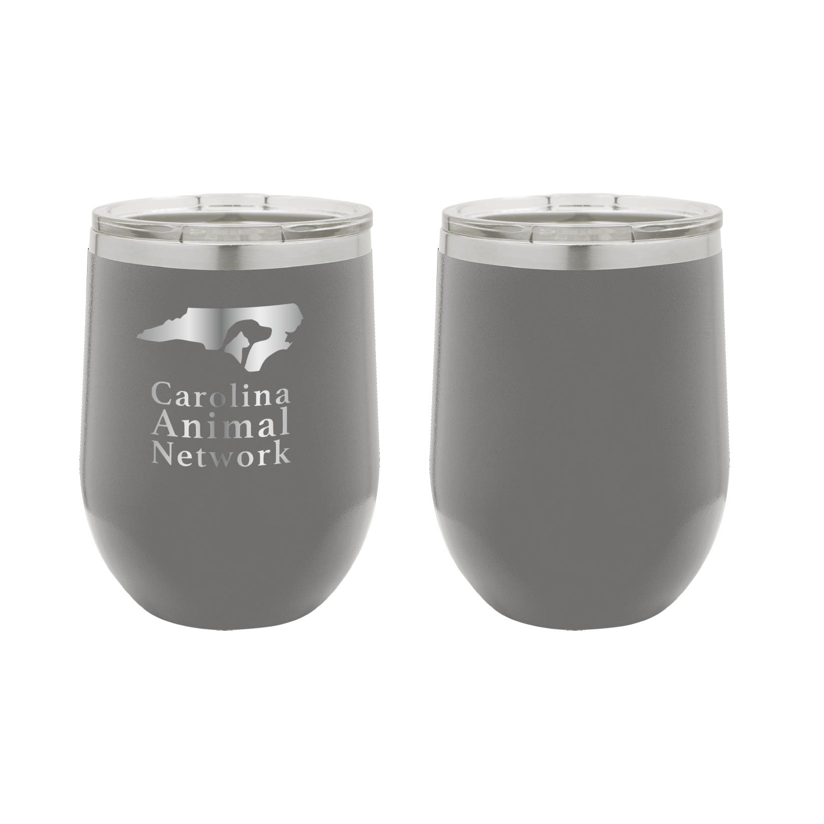 Dark gray  12 oz wine tumbler laser engraved  tumbler featuring the Carolina Animal Network logo