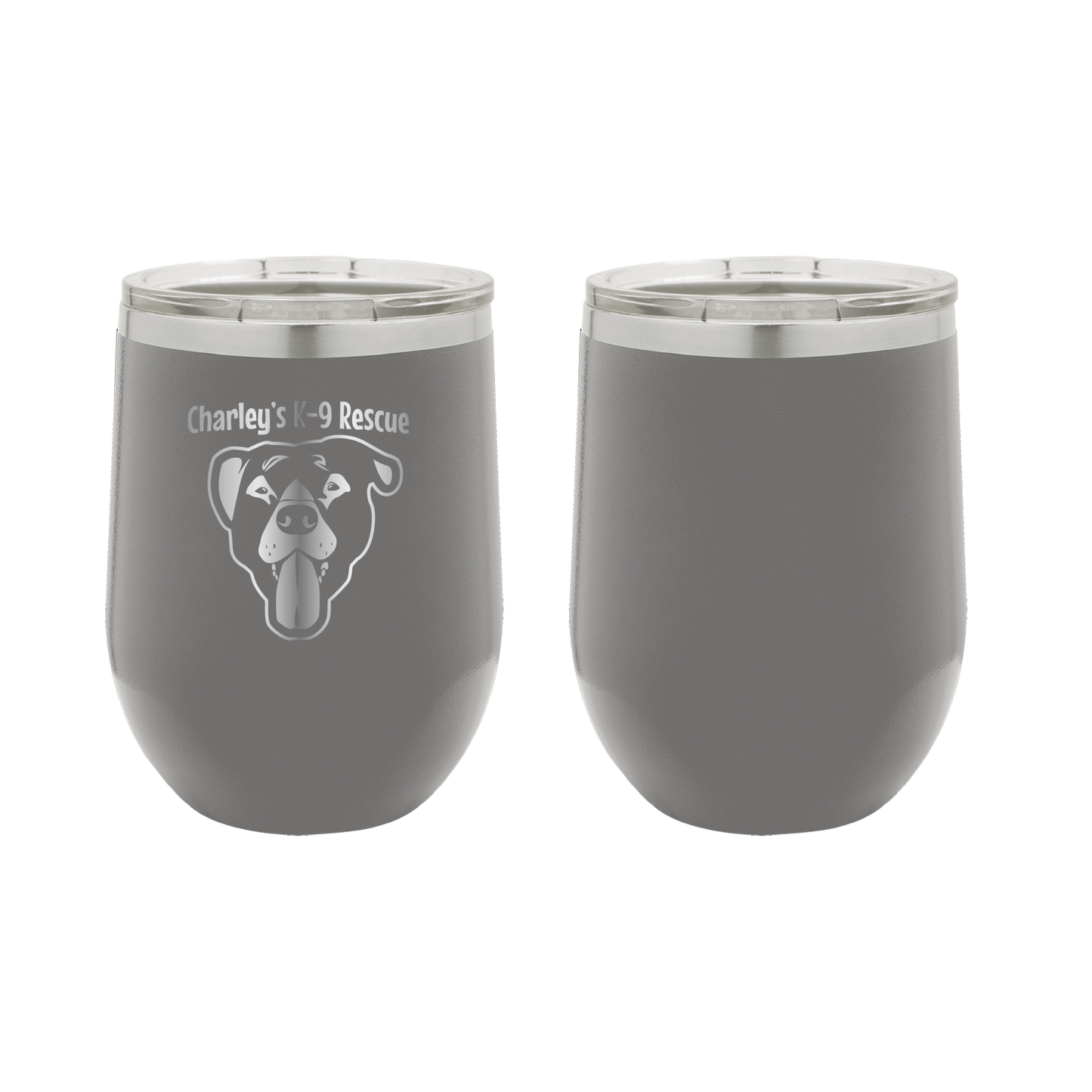 Dark gray 12 oz wine tumbler laser engraved tumbler featuring the Charley's K9 Rescue logo