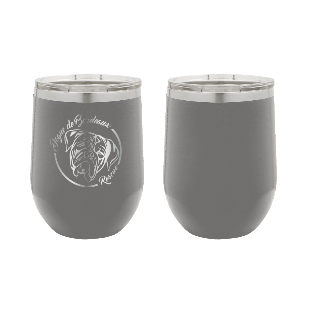 Dark gray 12 oz wine tumbler laser engraved featuring the Dogue de Bordeaux Rescue, Inc. logo