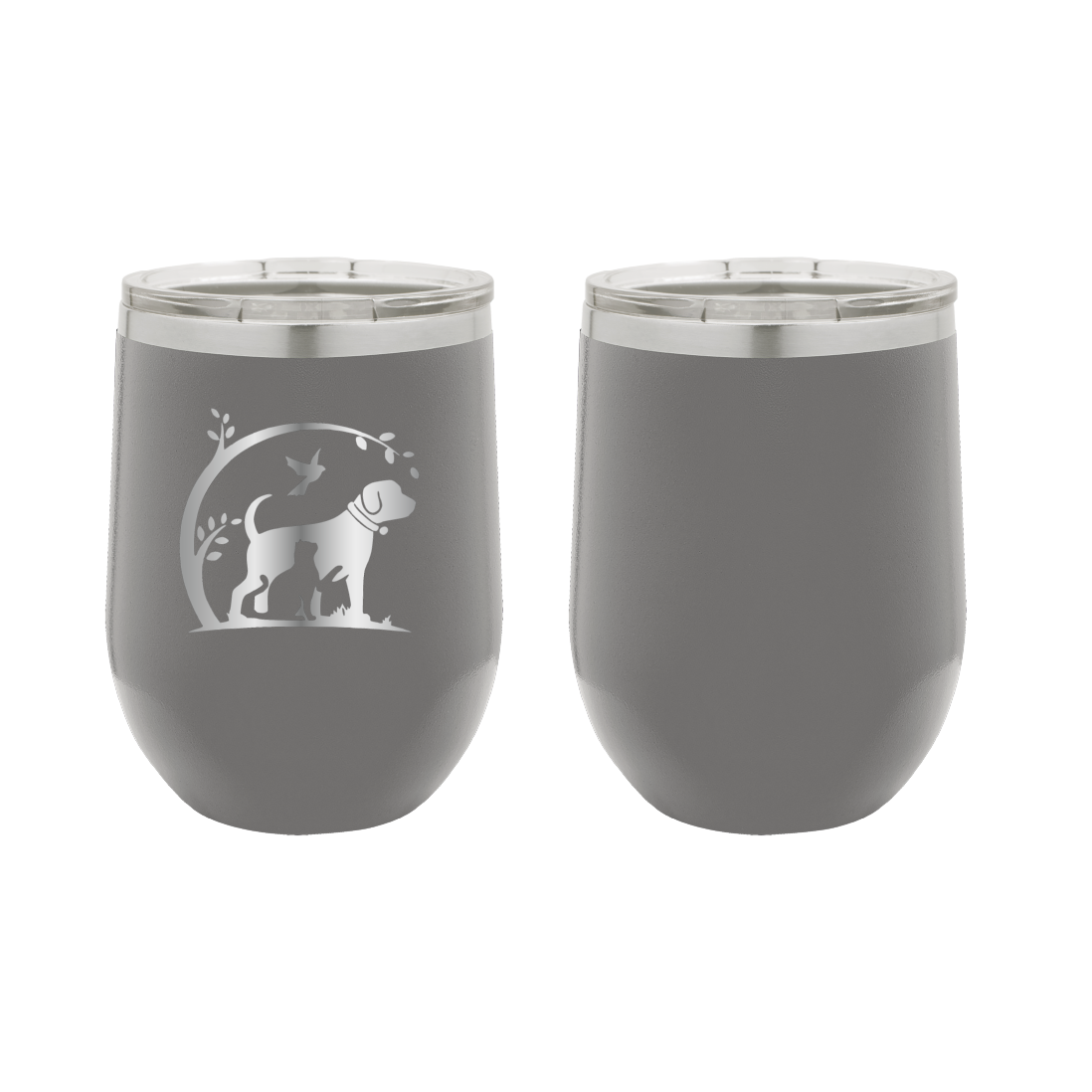Dark gray 12 oz laser engraved wine tumbler featuring the No Critter Left Behind logo