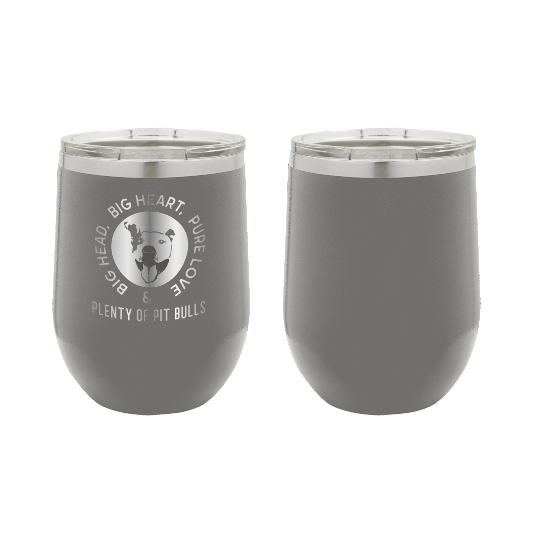Dark gray 12 oz wine tumbler laser engraved featuring the Plenty of Pit Bulls logo