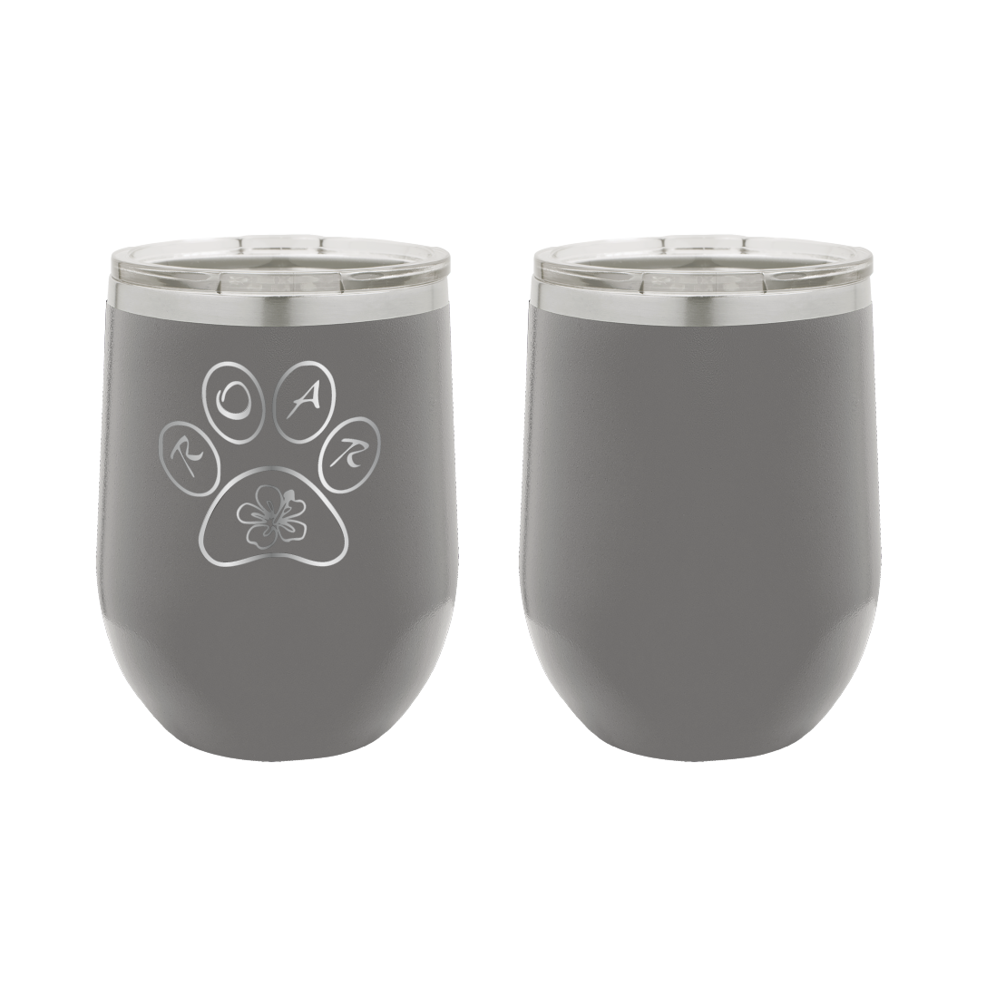 Laser engraved 12 oz stemless wine tumbler, featuring the ROAR NC animal rescue logo, in dark gray