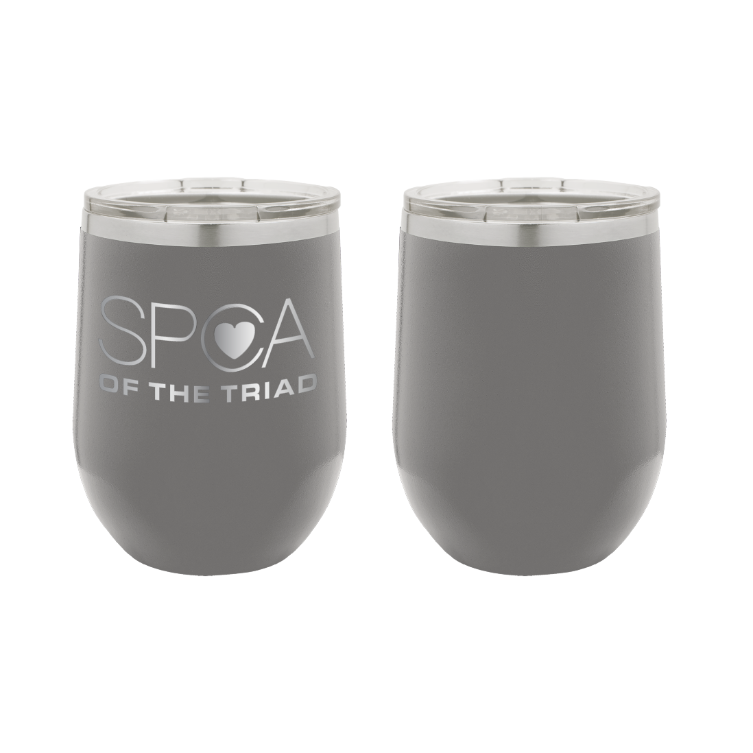Dark Gray 12 oz Laser engraved wine tumbler featuring the SPCA of the Triad logo.