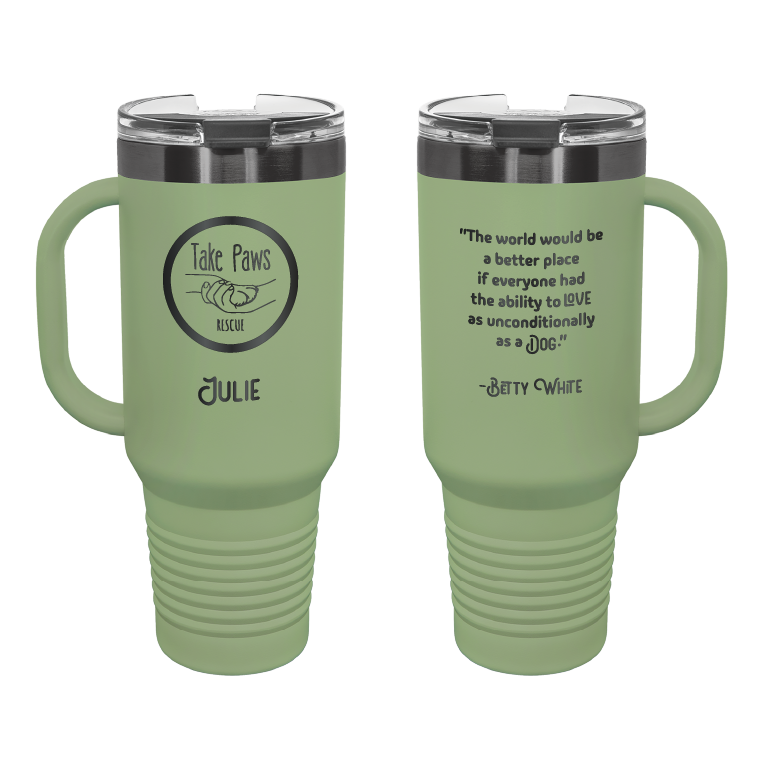 Summer sage / ghost black 40 oz tumbler with handle laser engraved tumbler featuring the Take Paws Rescue logo and the name "Julie"