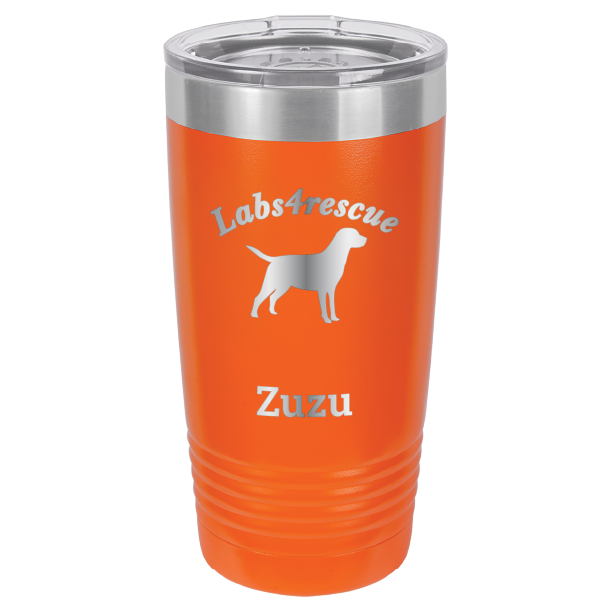 Orange laser engraved 20 oz tumbler featuring the Labs4rescue logo and the name Zuzu.