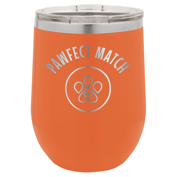 Orange laser engraved wine tumbler featuring the Pawfect March logo