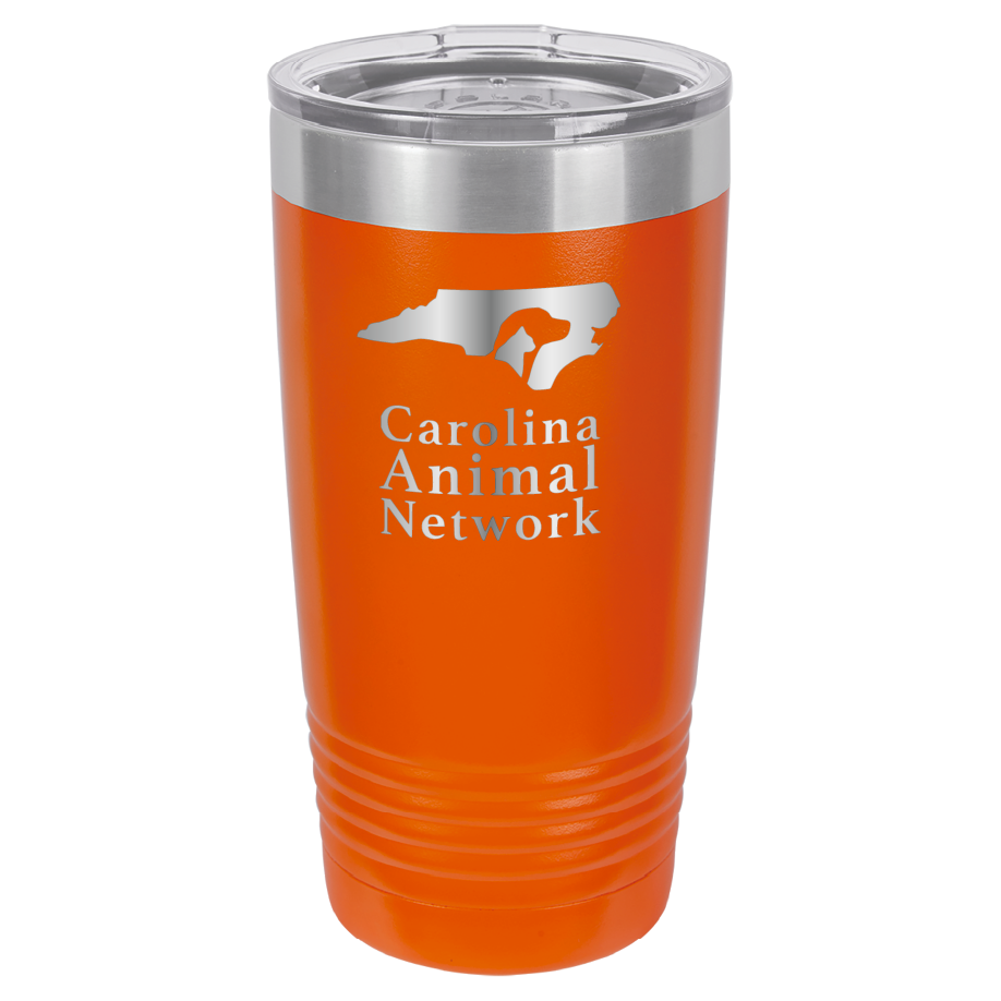 Orange 20 ounce tumbler laser engraved tumbler featuring the Carolina Animal Network logo