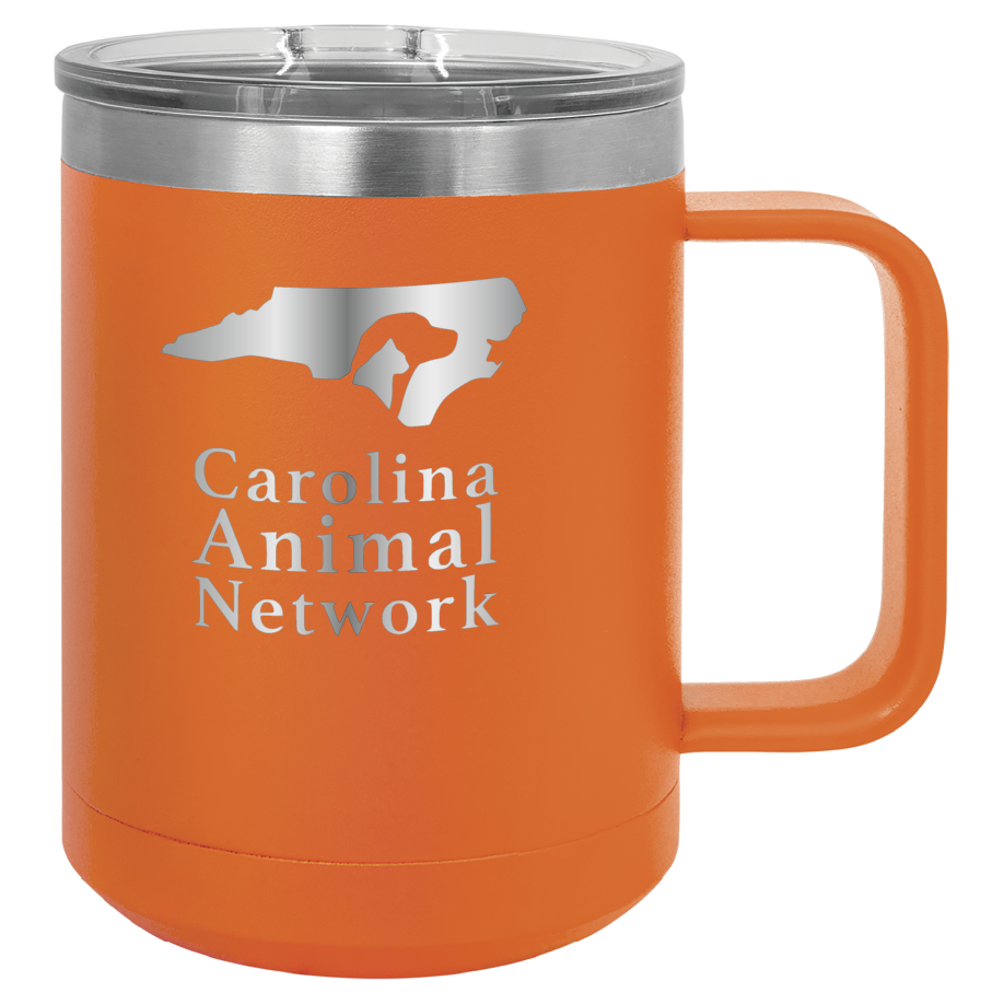 Orange 15 oz coffee cup laser engraved  tumbler featuring the Carolina Animal Network logo