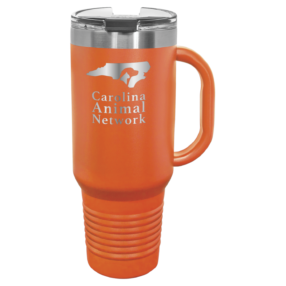 Orange 40 oz water bottle laser engraved  tumbler featuring the Carolina Animal Network logo