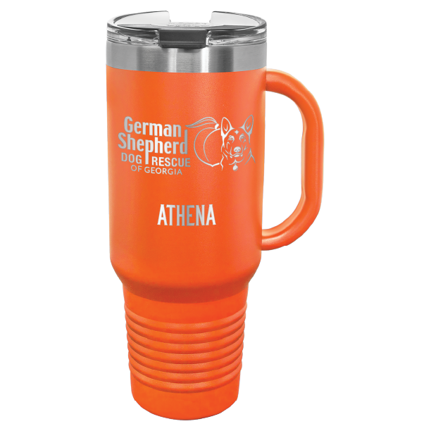 40 Oz travel tumbler, laser engraved with the logo of German Shepherd Dog Rescue of Georgia, in orange