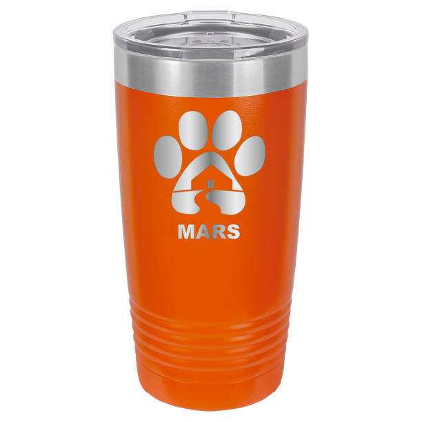 Orange 20 ounce laser engraved tumbler with the Midwest Animal Rescue & Services (MARS) logo.