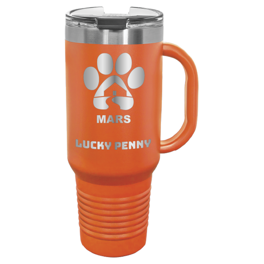 Orange 40 ounce laser engraved travel mug with handle, featuring the with the Midwest Animal Rescue & Services (MARS) logo and the name "Lucky Penny"