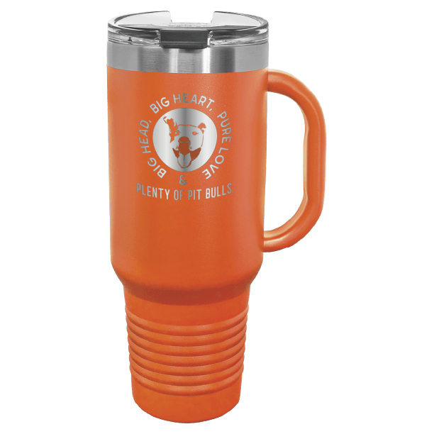 Orange 40 oz tumbler with handle laser engraved featuring the Plenty of Pit Bulls logo