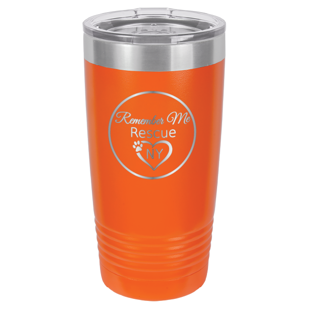 Orange laser engraved 20 tumbler featuring the logo of Remember Me Rescue NY