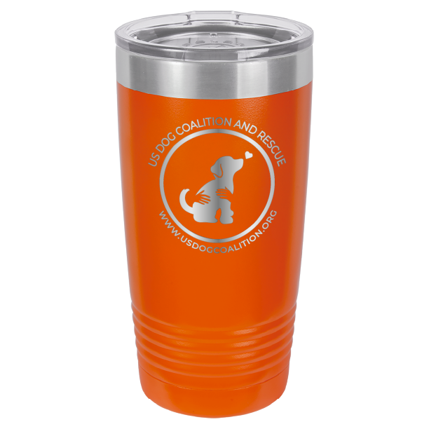 Orange 20 Oz Laser Engraved Tumbler featuring the US Dog Coalition logo.