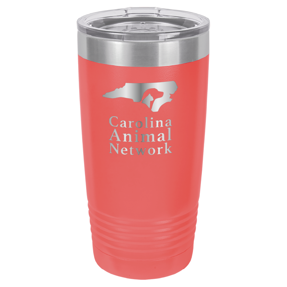 Coral 20 ounce tumbler laser engraved tumbler featuring the Carolina Animal Network logo