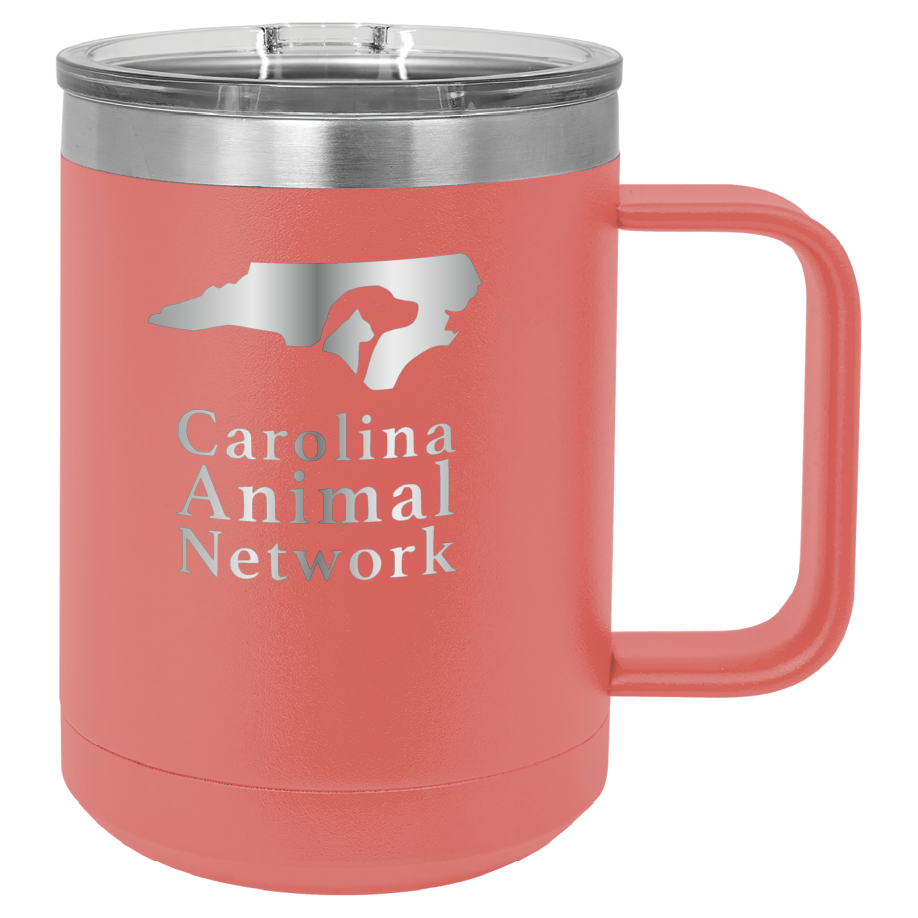 Coral 15 oz coffee cup laser engraved  tumbler featuring the Carolina Animal Network logo