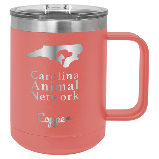 Coral 15 oz coffee cup laser engraved  tumbler featuring the Carolina Animal Network logo and the name "Copper"