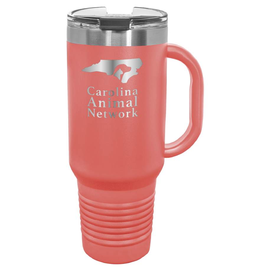 Coral 40 oz water bottle laser engraved tumbler featuring the Carolina Animal Network logo
