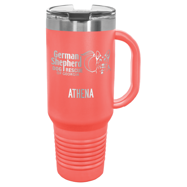 40 Oz travel tumbler, laser engraved with the logo of German Shepherd Dog Rescue of Georgia, in coral
