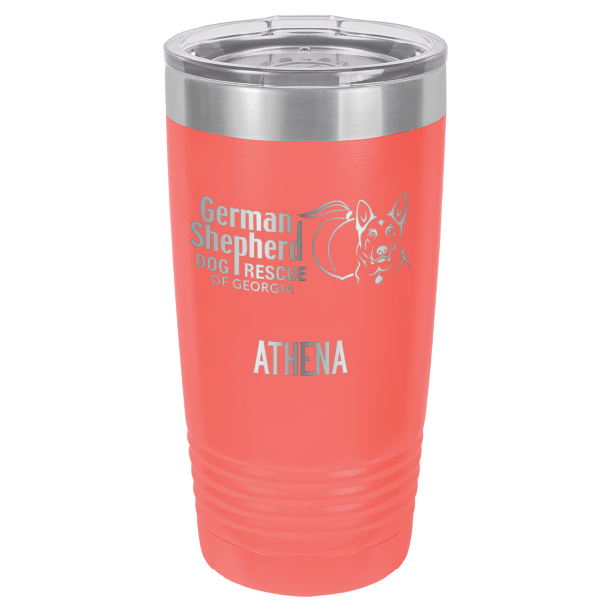 German Shepherd Dog Rescue of Georgia laser engraved tumbler in coral