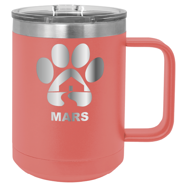 Coral 15 ounce laser engraved coffee mug with the Midwest Animal Rescue & Services (MARS) logo.