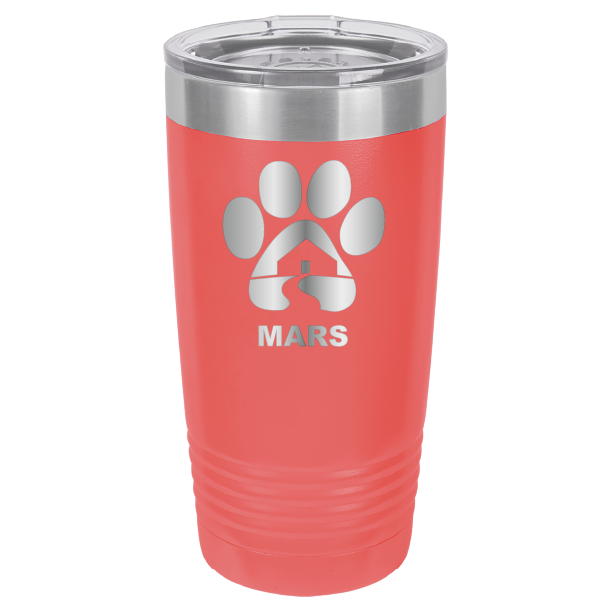 Coral 20 ounce laser engraved tumbler with the Midwest Animal Rescue & Services (MARS) logo.