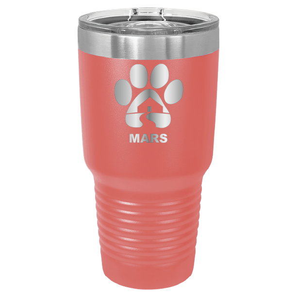 Coral 30 ounce laser engraved tumbler with the Midwest Animal Rescue & Services (MARS) logo.