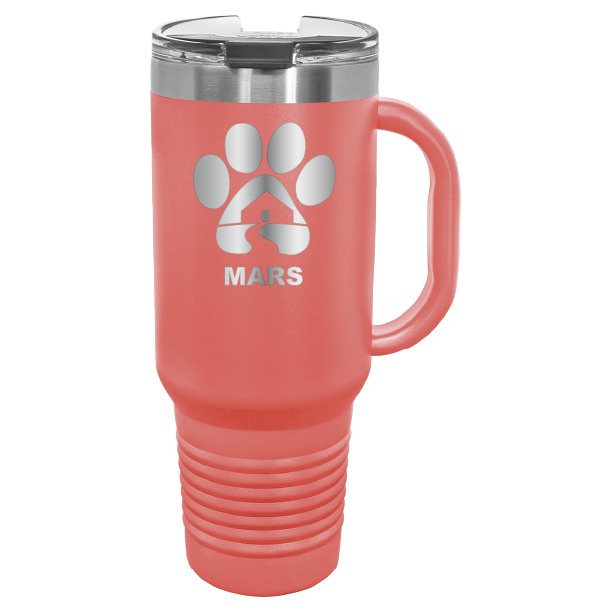 Coral 40 ounce laser engraved travel mug with handle, featuring the with the Midwest Animal Rescue & Services (MARS) logo