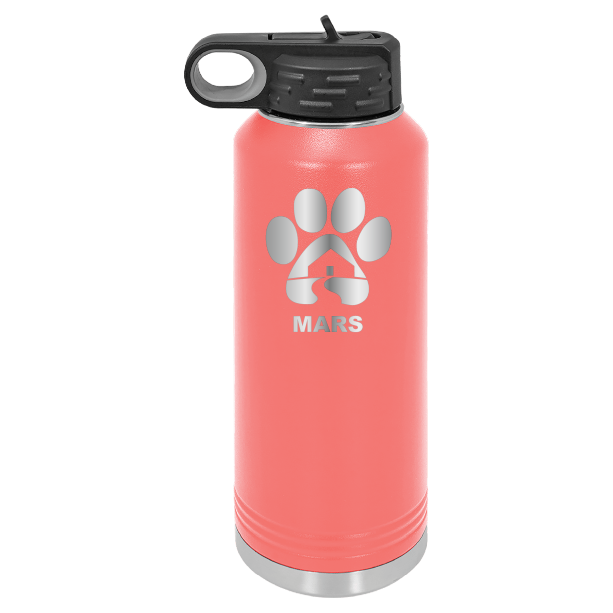 Coral 40 ounce laser engraved water bottle, featuring the with the Midwest Animal Rescue & Services (MARS) logo