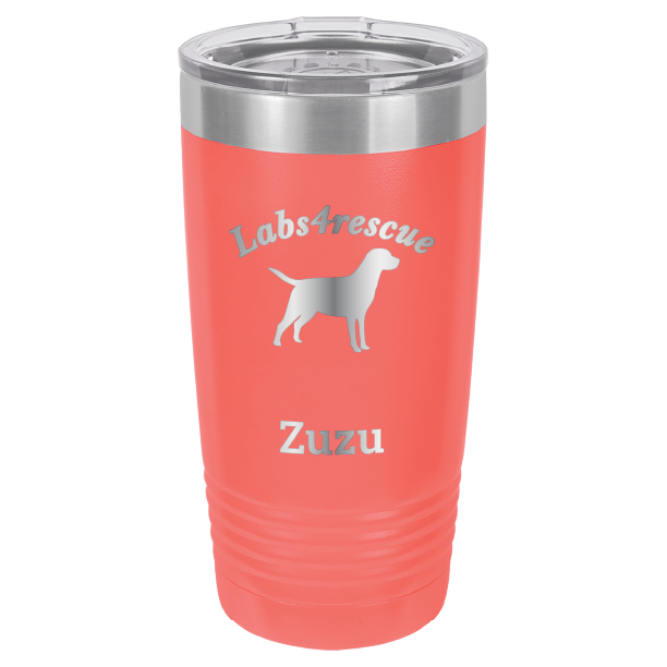 Coral laser engraved 20 oz tumbler featuring the Labs4rescue logo and the name Zuzu.