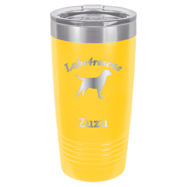 Yellow laser engraved 20 oz tumbler featuring the Labs4rescue logo and the name Zuzu.