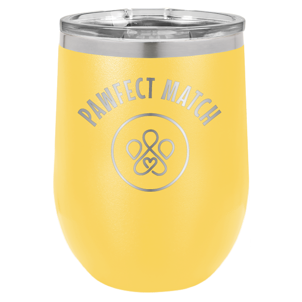 Yellow laser engraved wine tumbler featuring the Pawfect March logo