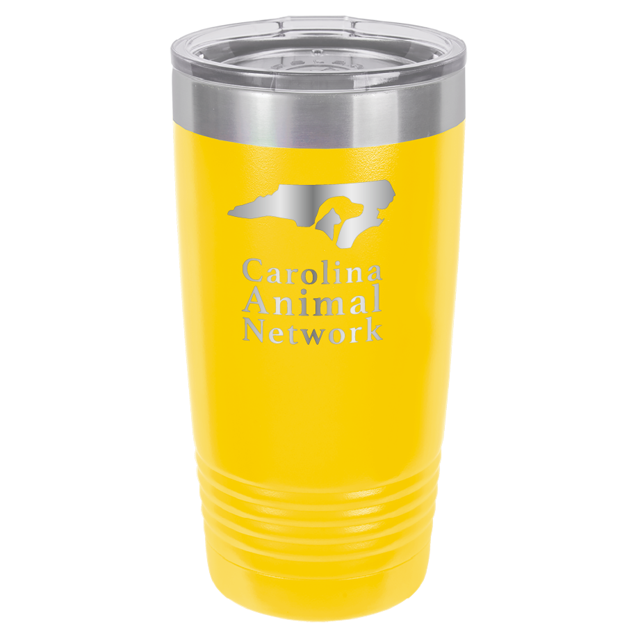Yellow 20 ounce tumbler laser engraved tumbler featuring the Carolina Animal Network logo