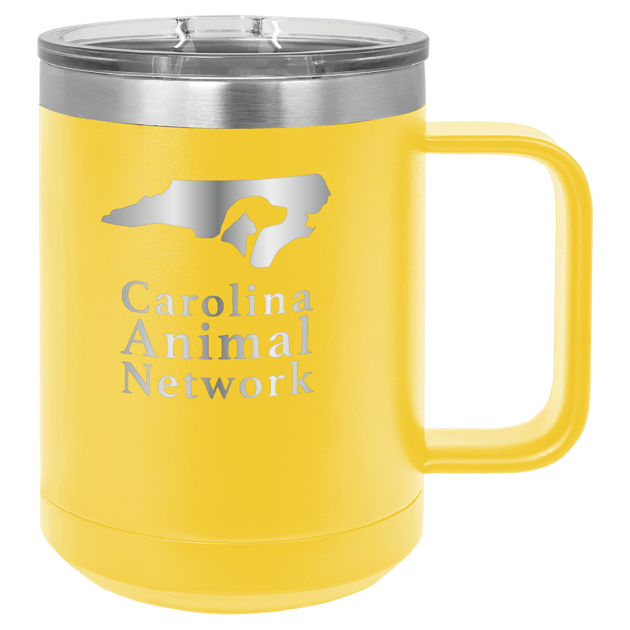 Yellow 15 oz coffee cup laser engraved  tumbler featuring the Carolina Animal Network logo