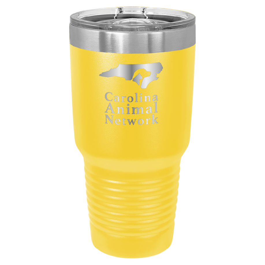 Yellow 30 oz tumbler laser engraved tumbler featuring the Carolina Animal Network logo