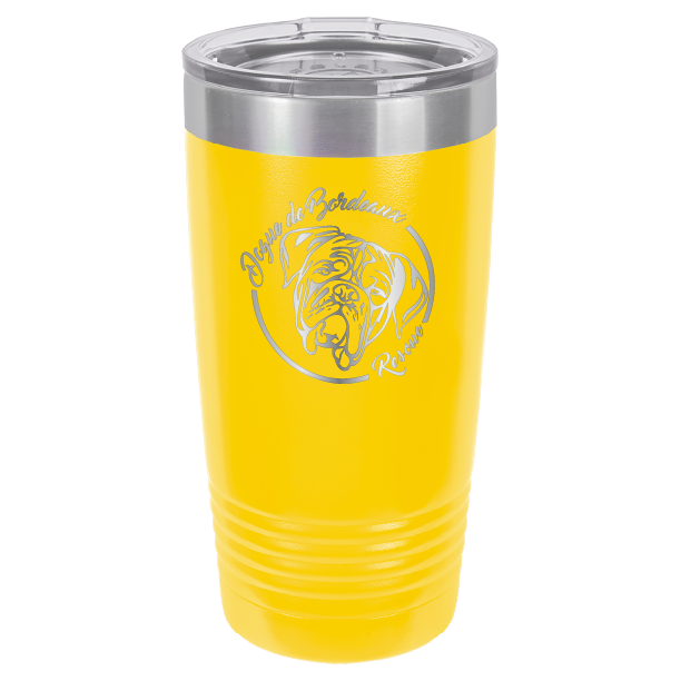 Yellow 20 ounce laser engraved  tumbler featuring the Dogue de Bordeaux Rescue, Inc. logo